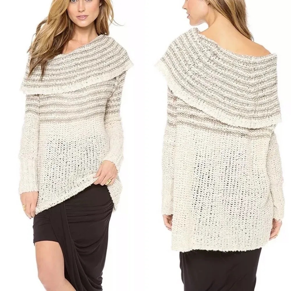 Free People Chunky Knit‎ Cowl Neck Size XS Engineer Stripe Wool Alpaca Sweater